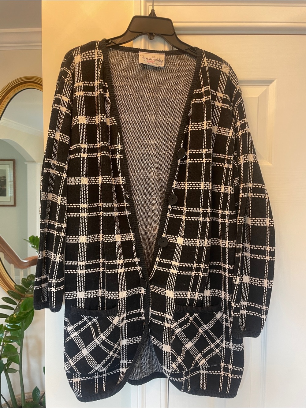 Vintage Diane Von Furstenberg Black and White Windowpane Knit Cardigan